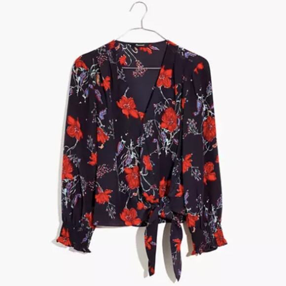 Madewell Silk Smocked-Sleeve Dark Floral Print Wrap Top - Picture 4 of 7